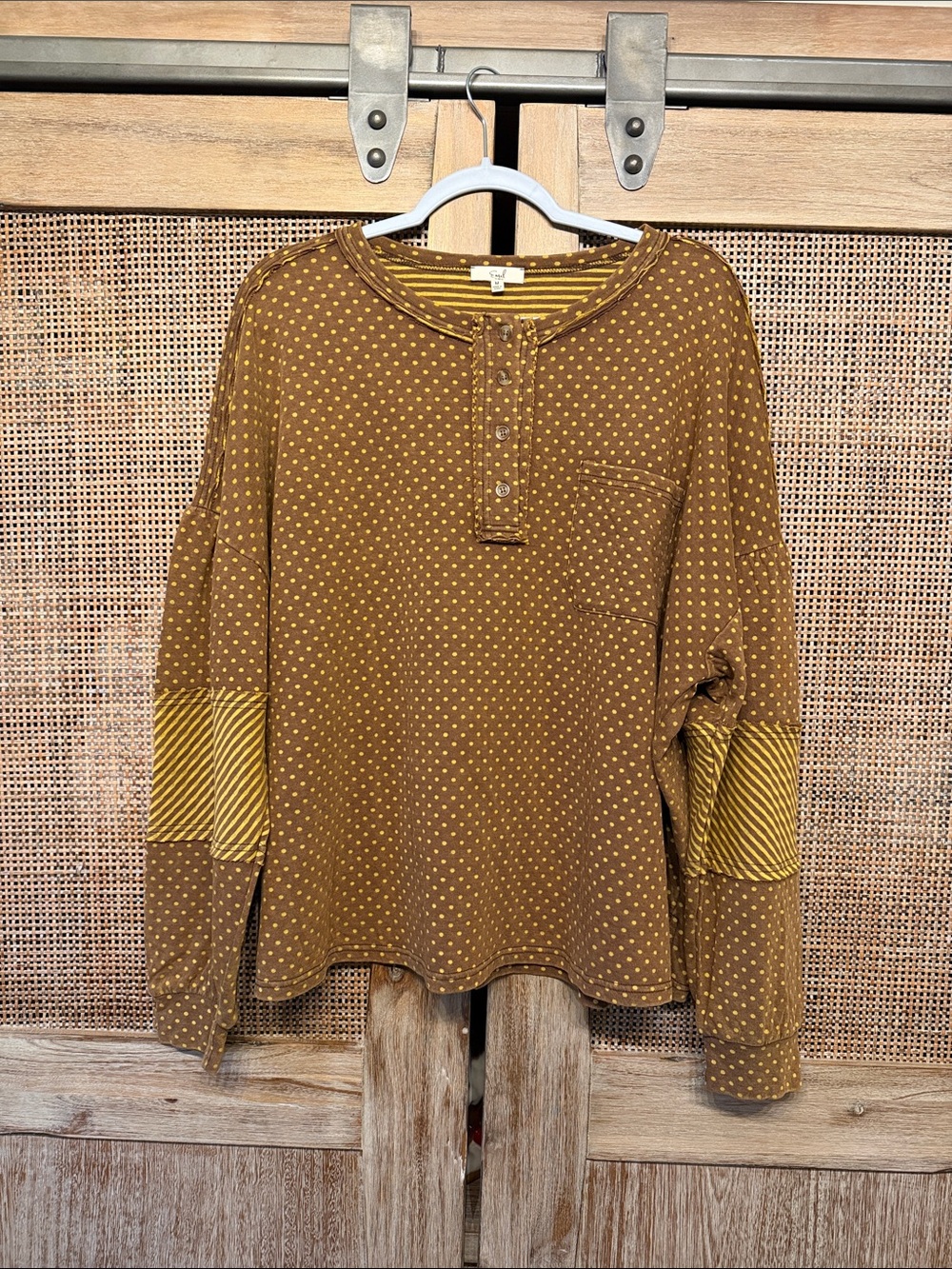 Easel Brown Knit Henley with Mustard Polka Dots
